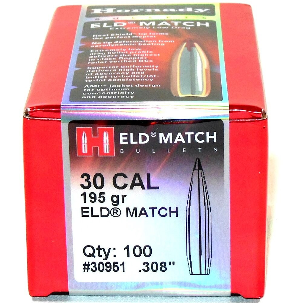 Hornady 30 Cal 308 Dia Reloading Bullets 195 Grain 30951 ELD Match 100 Pieces