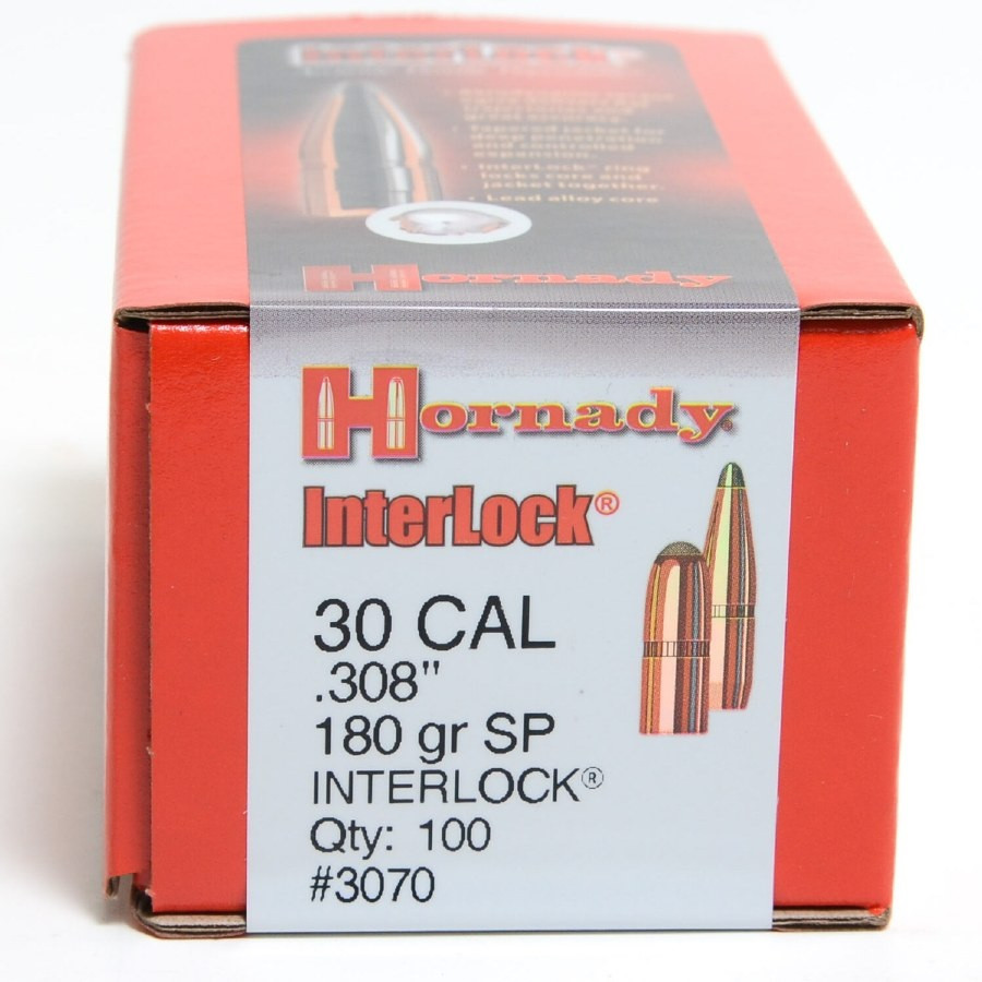Hornady 30 Cal 308 Dia Reloading Bullets H3070 180 Grain Interlock Soft Point 100 Pieces