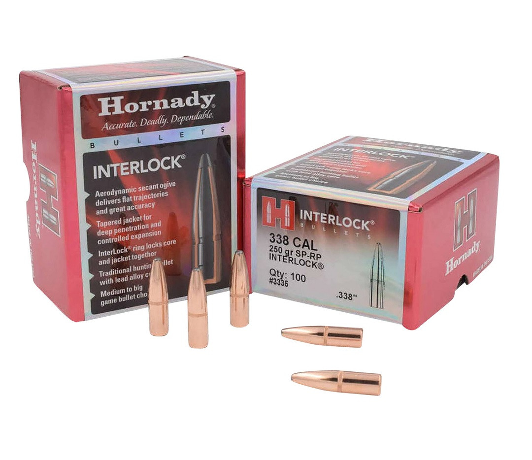 Hornady 338 Cal 338 Dia Reloading Bullets H3335 250 Grain Interlock Soft Point 100 Pieces
