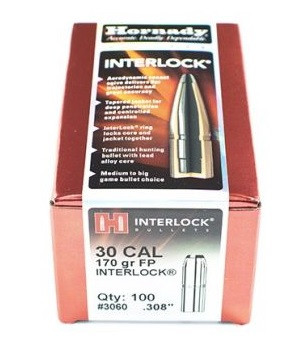 Hornady 30 Cal 308 Dia Reloading Bullets Interlock H3060 170 Grain Flat Soft Point 100 Pieces