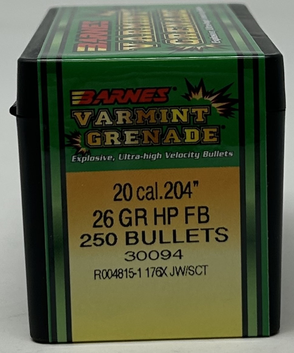 Barnes 20 Cal 204 Dia Reloading Bullets Varmint Grenade Copper B30094 26 Grain Frangible Hollow Point 250 Pieces