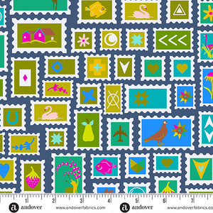 postage stamps in cool tones of purple, blue, yellow and citrus green postage stamps in cool tones of purple, blue, yellow and citrus green