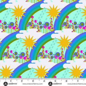 Flowers, clouds, rainbow, sunshine, raindrops on teal background. 70s feel. Flowers, clouds, rainbow, sunshine, raindrops on teal background. 70s feel.