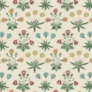 cream background, botanical style prints of flowers and foliage in red, green and mustard