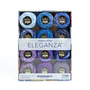 photo depicts box of 12 variegated threads in hues of purple and blue photo depicts box of 12 variegated threads in hues of purple and blue