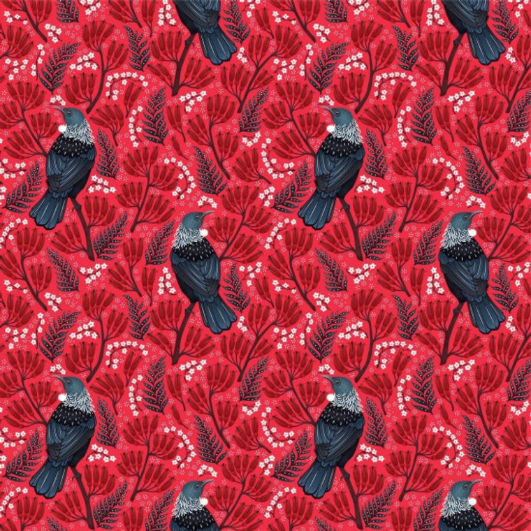 In Bloom Tui in Red | Kiwiwana | per quarter metre