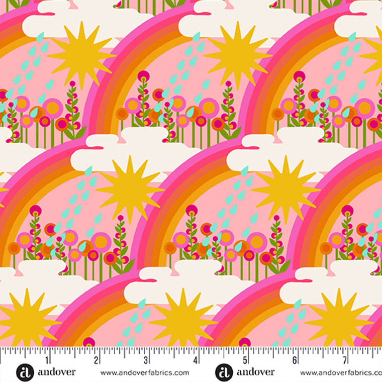 sunshine, rainbows, clouds, raindrops, and flowers on pink background. 70s vibe