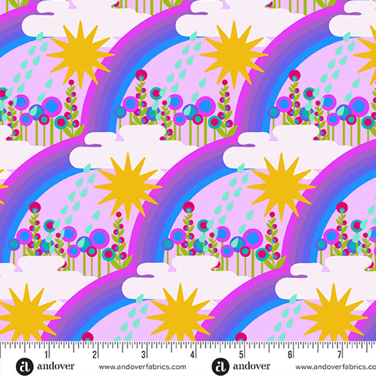 Sunshine, raindrops, clouds, flowers and rainbows on lilac.  has a 70s feel.