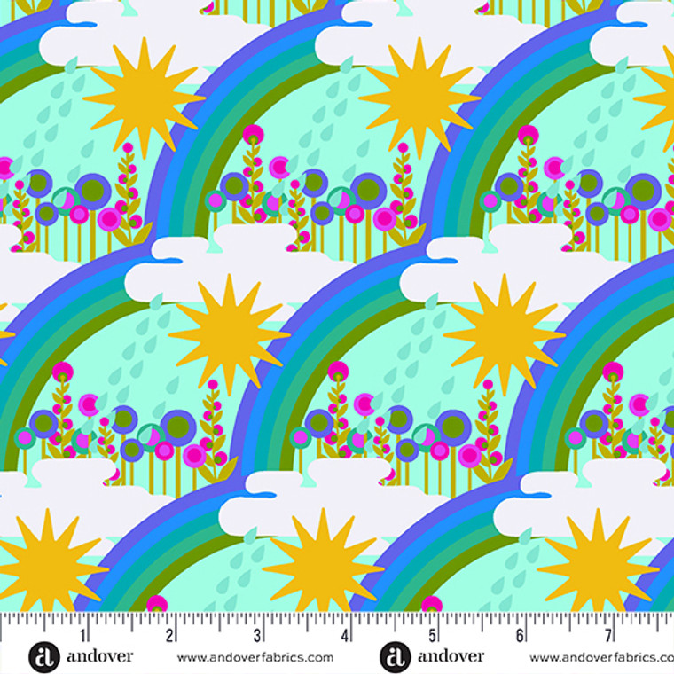 Flowers, clouds, rainbow, sunshine, raindrops on teal background. 70s feel.