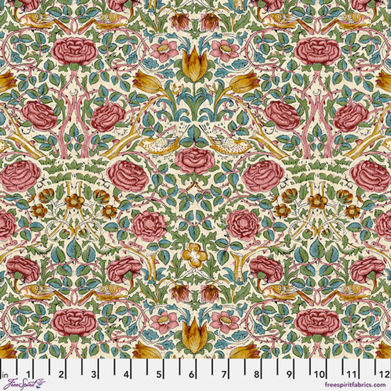 roses and birds, foliage and branches in reds, green, mustard, on cream