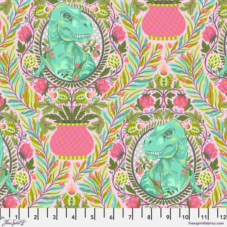 Jade T-Rex's surrounded by foliage and trees in planters, in green and pink, on soft pink background