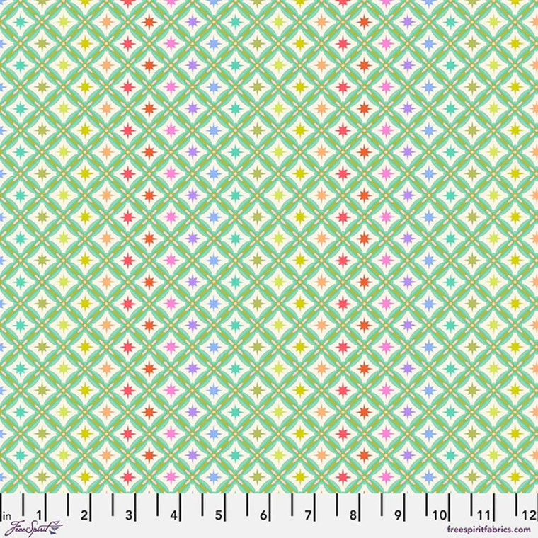 lattice in green on white, with multi-coloured stars