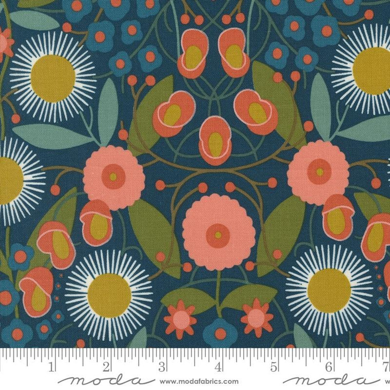 large graphic floral design in peach, sage green and orange, on a deep forest green background