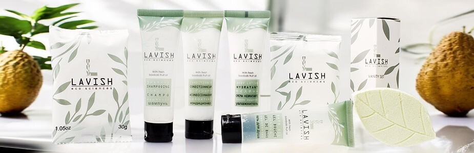 Accent Amenities' Lavish hotel toiletry collection features shampoo, conditioner, body lotion, bath and shower gel, and facial and body soaps.