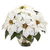 New Nearly Natural 14” Poinsettia Arrangement In Designer Silver Bowl