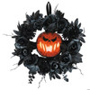 17 1/4" Black Floral Wreath With Light-Up Pumpkin Halloween Decoration