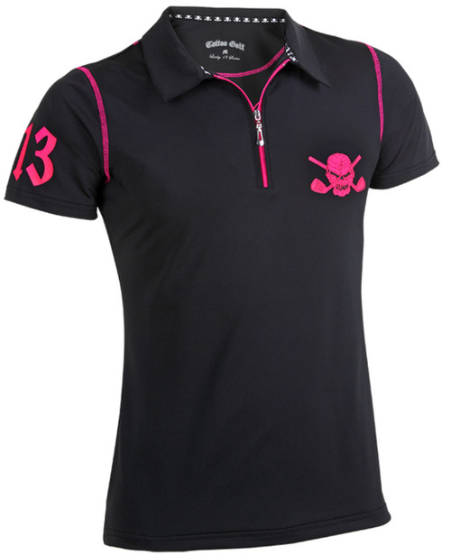 New TATTOO GOLF Ladies Hybrid Zipper Cool-Stretch Golf Shirt (Black/Pink) - SMALL