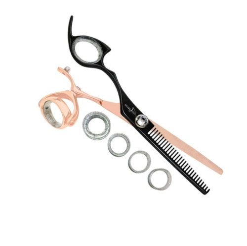 Sharkfin Left Handed Scissors Professional Super Swivel ROSE GOLD/BLACK 28 TOOTH THINNER