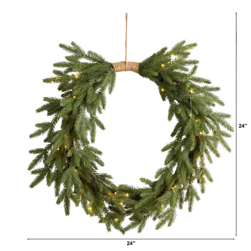 New Nearly Natural 24" Holiday Christmas Pre-Lit Cascading Pine Wreath