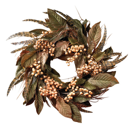 New Nearly Natural 24” Feather & Berry Wreath