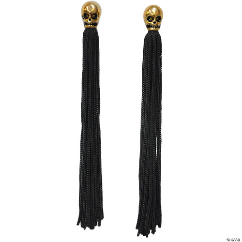 Adult Womens Gold Metal Skull Black Tassel Earrings Halloween Costume Accessory