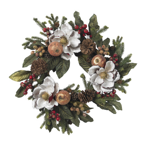 New Nearly Natural 24” Magnolia Pinecone & Berry Wreath