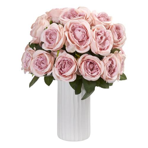 New Nearly Natural 14” Rose Artificial Arrangement In White Vase In Pink