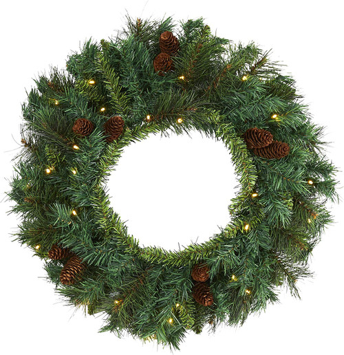 New Nearly Natural 24” Green Pine Christmas Wreath With 35 Clear Led Lights