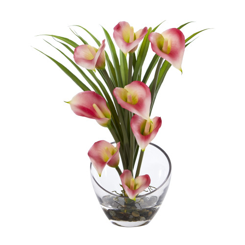 New Nearly Natural 15.5" Calla Lily And Grass Artificial Arrangement In Vase In Pink