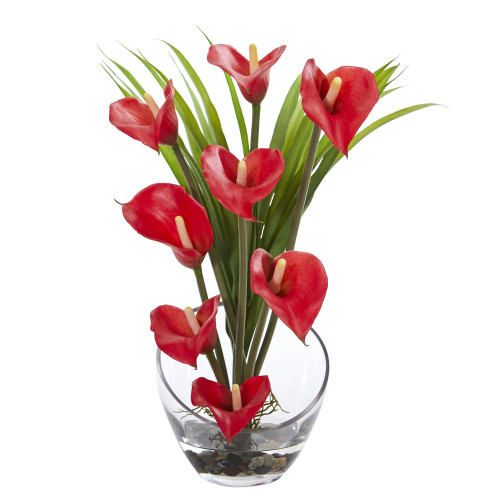 New Nearly Natural 15.5" Calla Lily And Grass Artificial Arrangement In Vase In Red