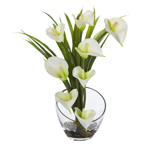 New Nearly Natural 15.5" Calla Lily And Grass Artificial Arrangement In Vase In Cream