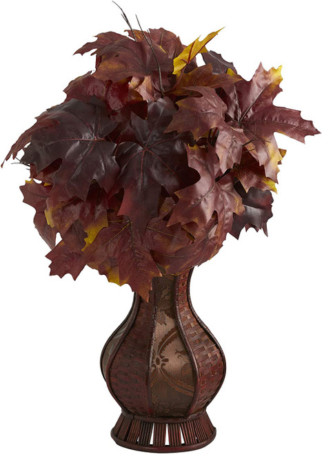 New Nearly Natural 24” Autumn Maple Leaf Artificial Plant In Decorative Planter In Burgundy