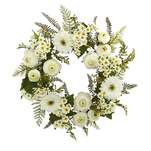 New Nearly Natural 24” Mixed Daisy’S And Ranunculus Wreath