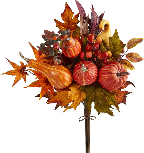 New Nearly Natural 20” Pumpkin And Maple Artificial Flower Bouquet Set Of 2