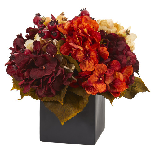 New Nearly Natural 12” Autumn Hydrangea Berry Arrangement In Black Vase