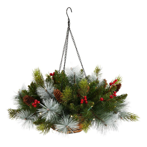 New Nearly Natural 24” Pine And Berries Hanging Basket / 72 Tips & 30 Lights