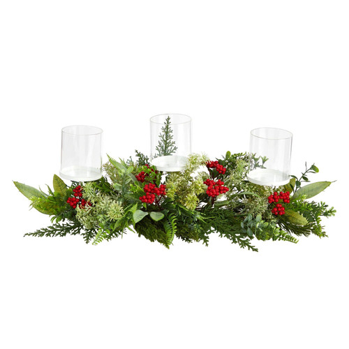 New Nearly Natural 20” Christmas Berry Triple Candelabrum