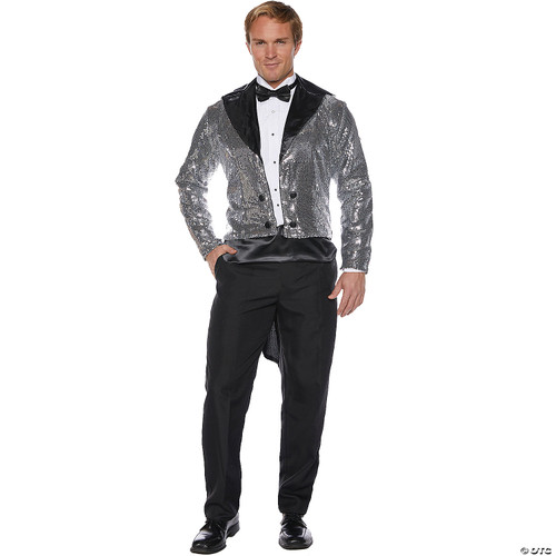 Sequin Tails Costume Handsome Men's Tuxedo Style Party Blazer Features Fully Lined Sequined Long Sleeve Swallow Tailed Tuxedo Blazer with Black Satin Trim Lapel