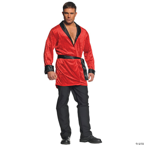 Smoking Jacket Costume Men's Robe Features Red Velvet Coat with Black Satin Trim on Collar and Cuffed Sleeves with Matching Belt