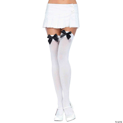 Leg Avenue Women's Satin Bow Accent Thigh Highs, White/Black, One Size - One
