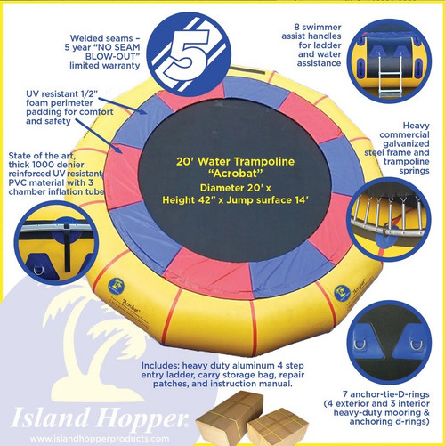 Island Hopper 20' Acrobat Water Trampoline With Heavy Duty Ladder, Yellow