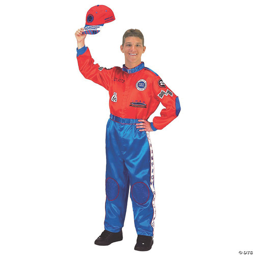 Red and Blue Junior Champion Car Racing Suit with Embroidered Cap, Size Adult