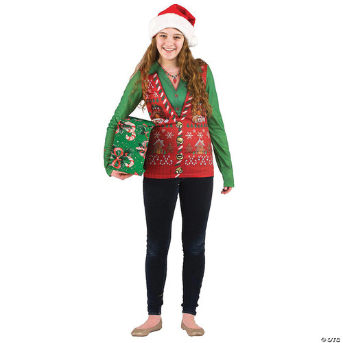 Faux Real Women's Ugly Xmas Sweater Vest Long Sleeve T-Shirt, Multi, X-Large