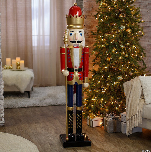 Fun Express 5 Ft. Giant Classic Red Wooden Nutcracker Statue with Scepter,