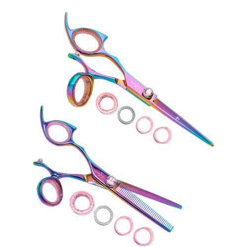 Sharkfin Professional Left Hand Swivel RAINBOW 6.25 Shear & 40 Tooth Blender Set