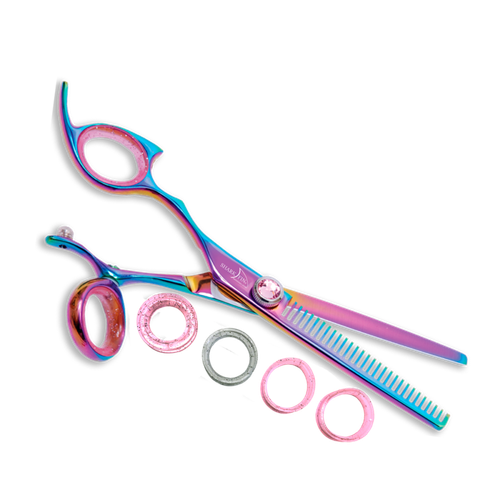 Sharkfin Shears Professional Left Handed Swivel Rainbow 28 Tooth Thinner
