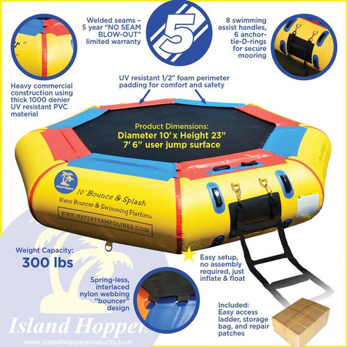 Island Hopper 10' Bounce N Splash Padded Water Bouncer With 4-Step Soft Ladder
