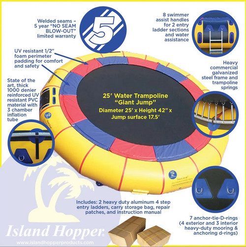 Island Hopper 25' Giant Jump Water Trampoline With Heavy Duty Ladder, Yellow