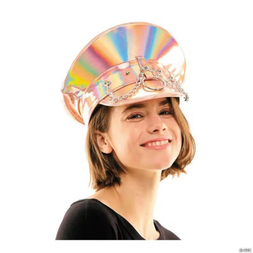 Adults Pink Iridescent Captain Hat With Silver Chains