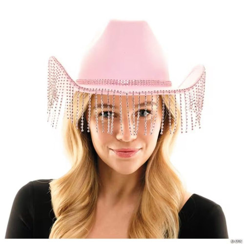 Adults Pink Cowboy Hat With Rhinestone Fringe